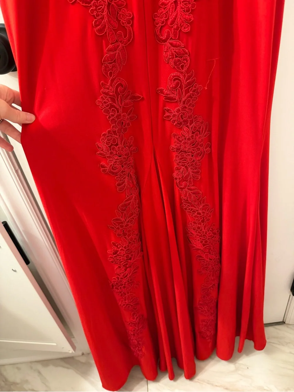 Betsy & Adam Red Lace Applique Illusion Mesh Mermaid Formal Gown Dress 4